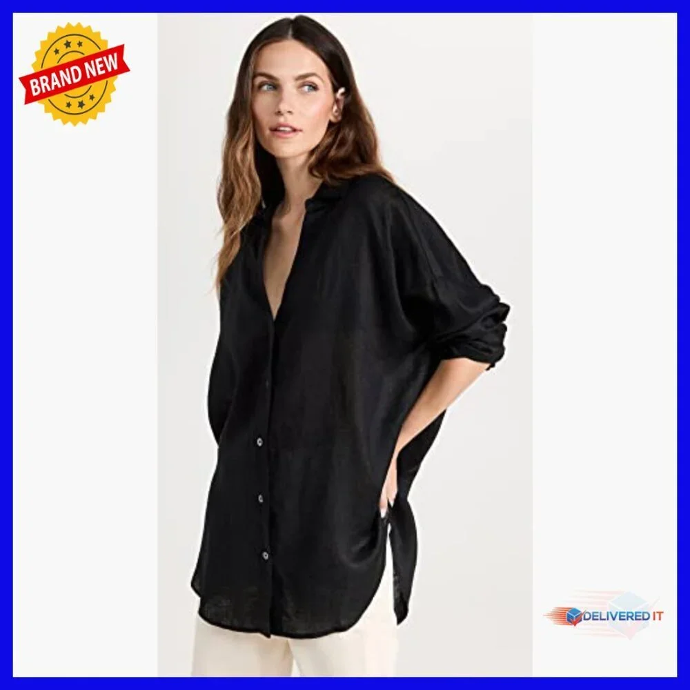 Linen Long Sleeve Tunic Button Down Shirt Oversized Cover Up